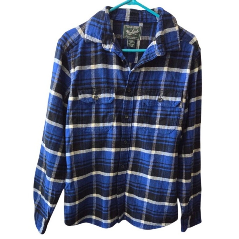 Woolrich Mens Blue Black Plaid Flannel Shirt Modern Fit Medium